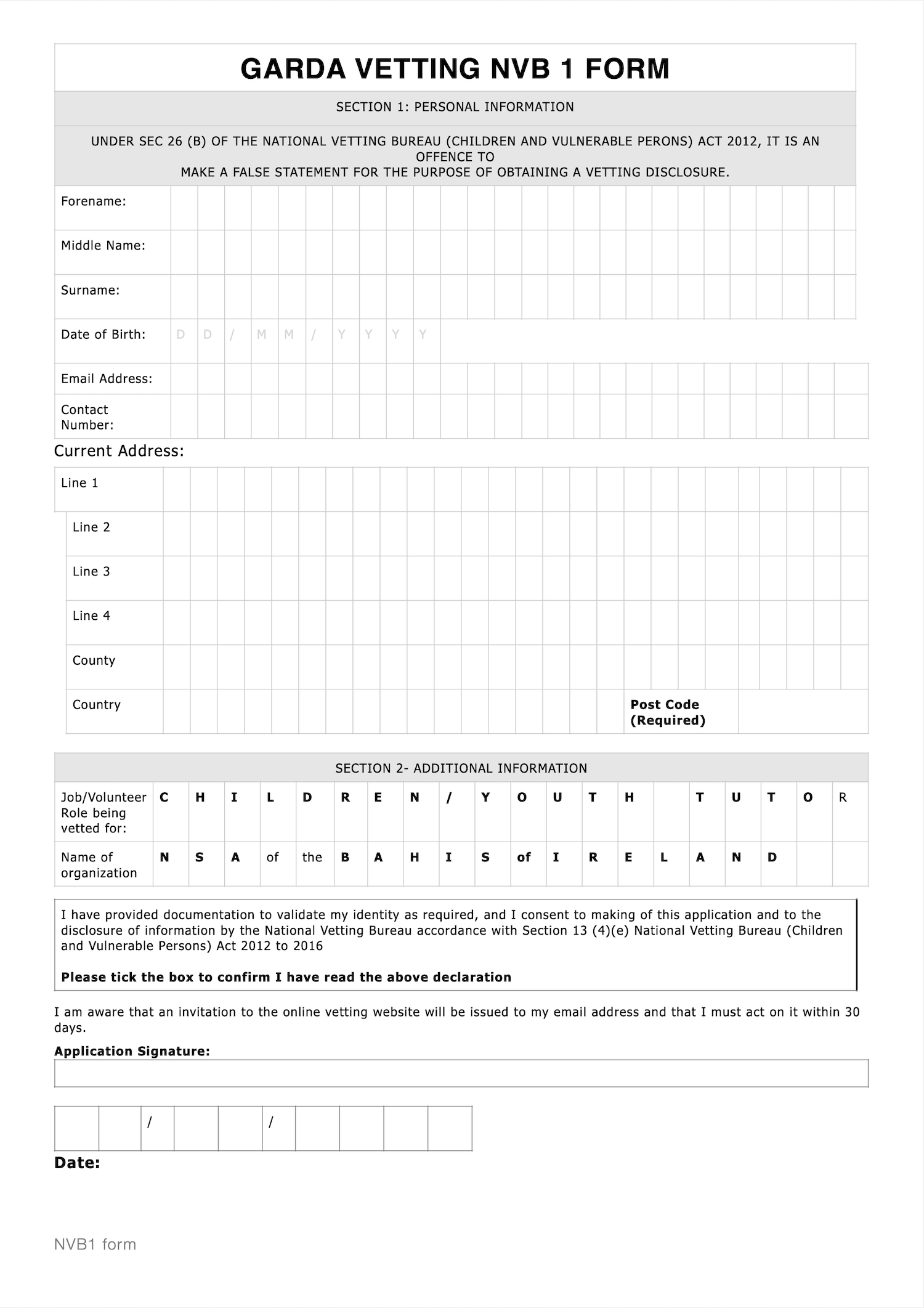 Garda Vetting & Registration Form 2025 - NVB 1 Form